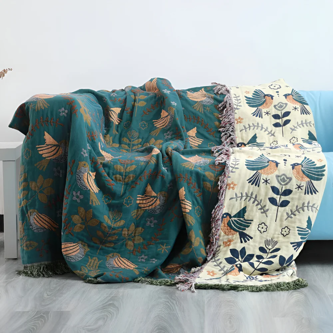 Reversible Throw Blanket with Bird and Floral Embroidery and Fringe Trim