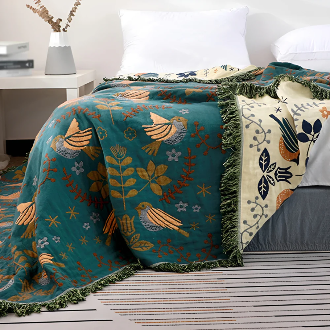Reversible Throw Blanket with Bird and Floral Embroidery and Fringe Trim