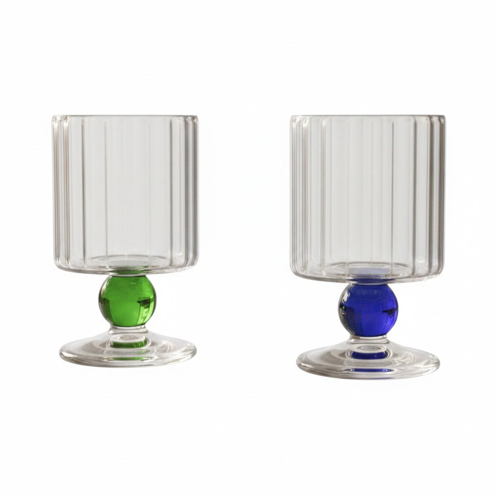 Ribbed Glass Goblet with Colored Ball Stem for Wine and Cocktails