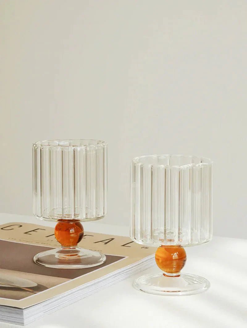 Ribbed Glass Goblet with Colored Ball Stem for Wine and Cocktails