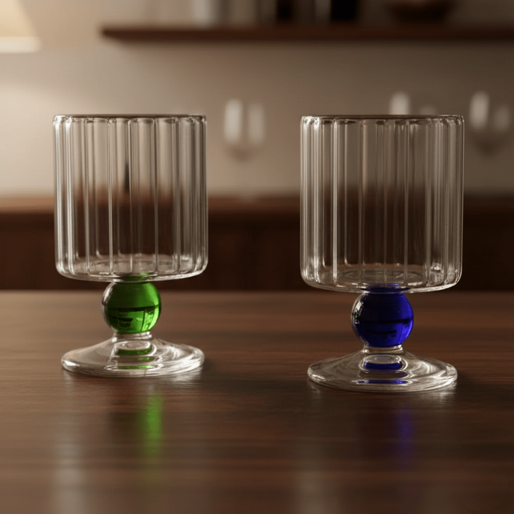 Ribbed Glass Goblet with Colored Ball Stem for Wine and Cocktails