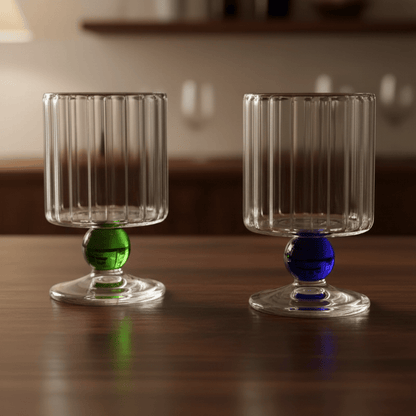 Ribbed Glass Goblet with Colored Ball Stem for Wine and Cocktails