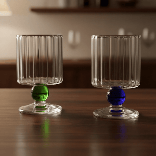 Ribbed Glass Goblet with Colored Ball Stem for Wine and Cocktails