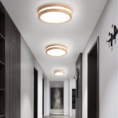 Round LED Ceiling Light Scandinavian Style with Wood Ring Frame
