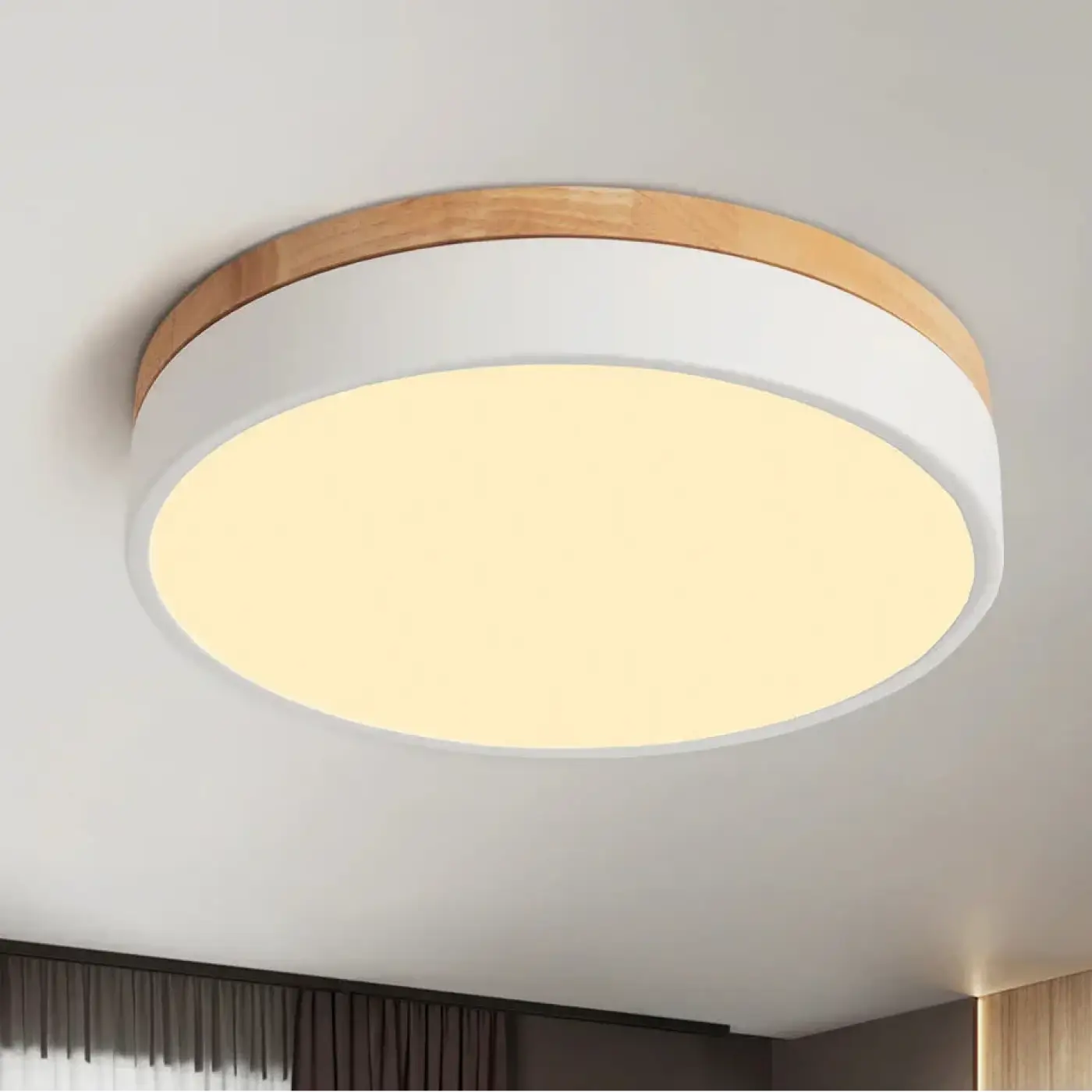 Round LED Ceiling Light Scandinavian Style with Wood Ring Frame