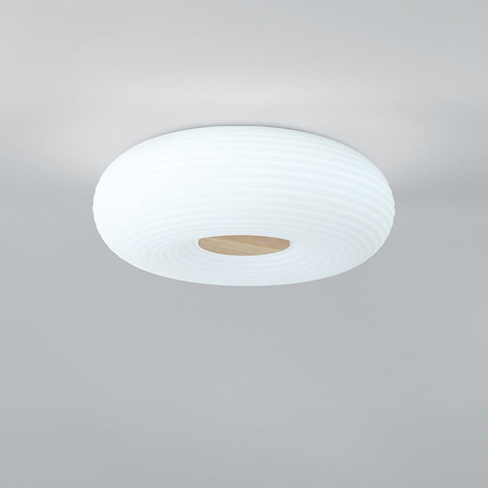 Round LED Ceiling Light Scandinavian with Ripple Shade and Wood Detail