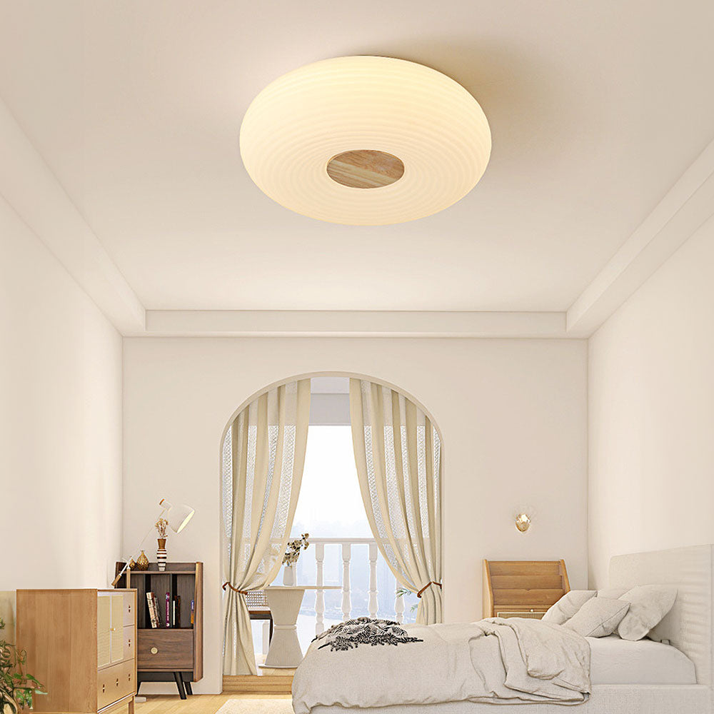 Round LED Ceiling Light Scandinavian with Ripple Shade and Wood Detail