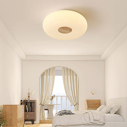 Round LED Ceiling Light Scandinavian with Ripple Shade and Wood Detail
