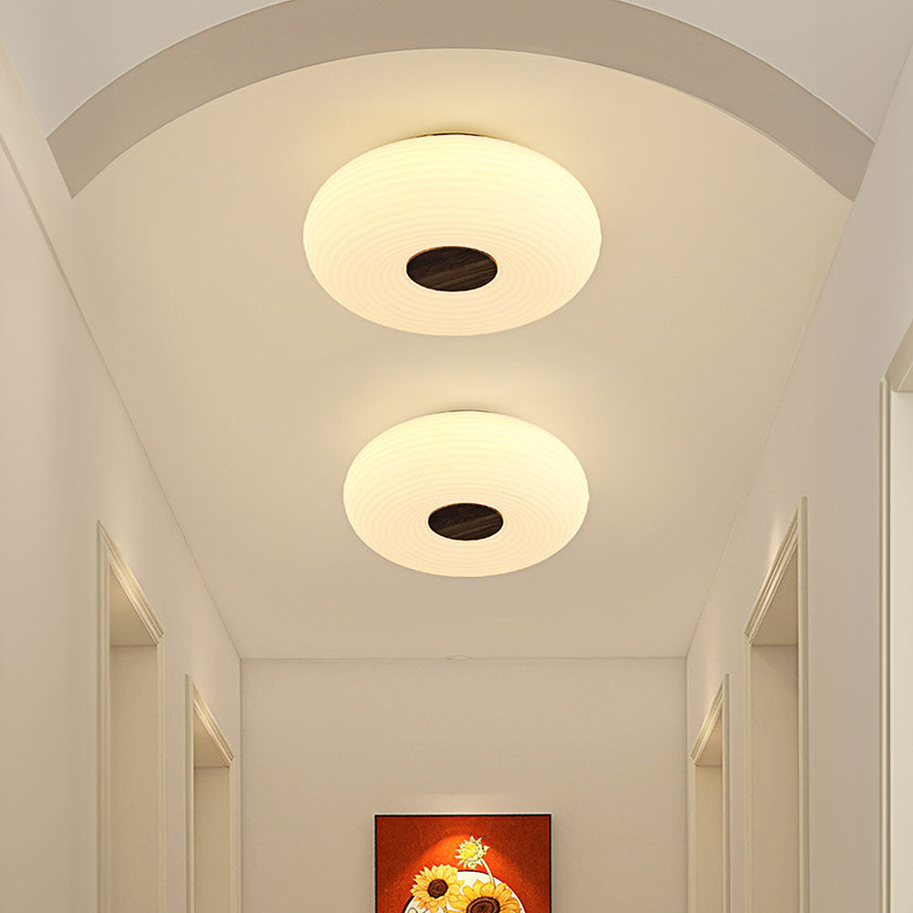 Round LED Ceiling Light Scandinavian with Ripple Shade and Wood Detail