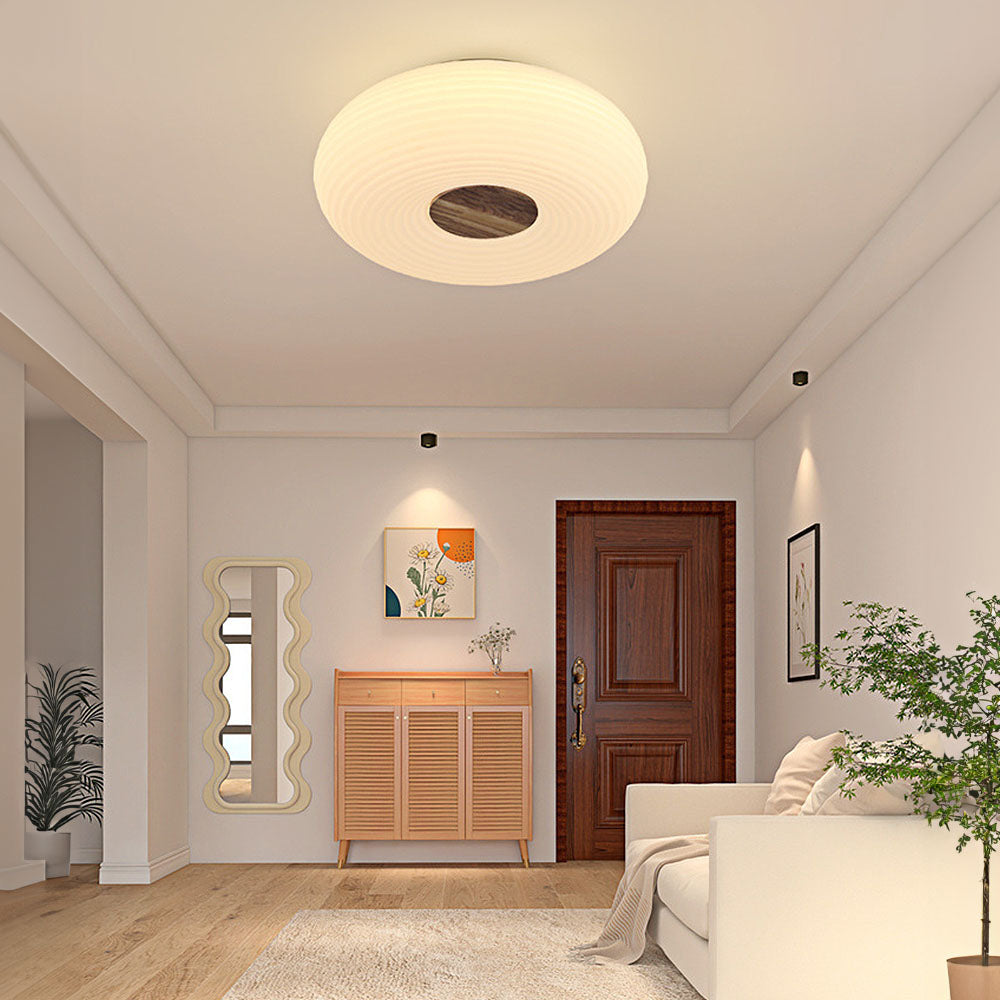 Round LED Ceiling Light Scandinavian with Ripple Shade and Wood Detail
