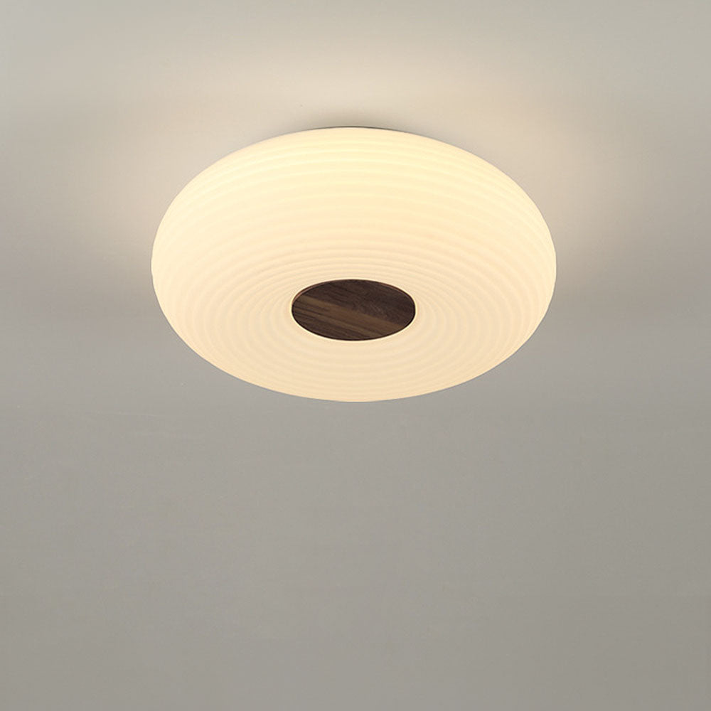 Round LED Ceiling Light Scandinavian with Ripple Shade and Wood Detail