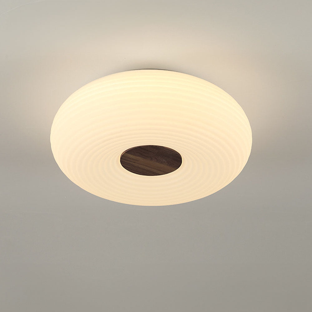 Round LED Ceiling Light Scandinavian with Ripple Shade and Wood Detail