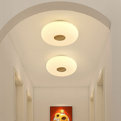 Round LED Ceiling Light Scandinavian with Ripple Shade and Wood Detail