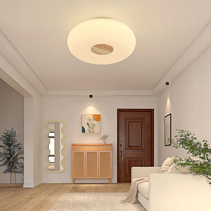 Round LED Ceiling Light Scandinavian with Ripple Shade and Wood Detail