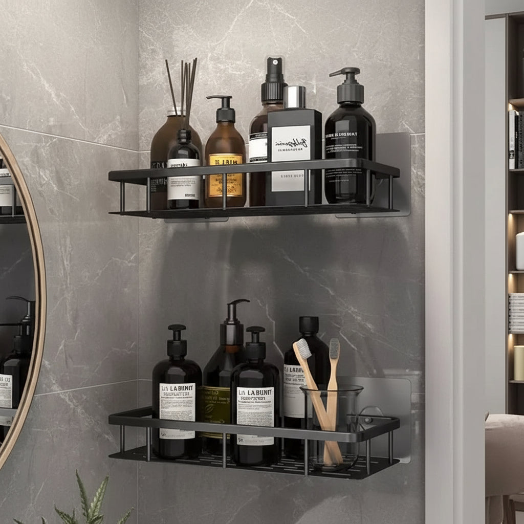 Scandinavian Bathroom Wall Shelf with Drill-Free Adhesive Mounting