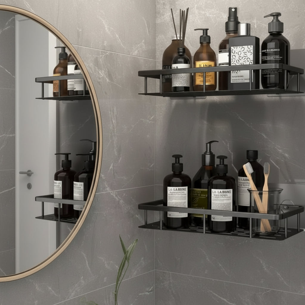 Scandinavian Bathroom Wall Shelf with Drill-Free Adhesive Mounting