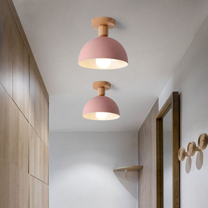 Scandinavian Semi-Flush Ceiling Light with Dome Shade and Wood Detail