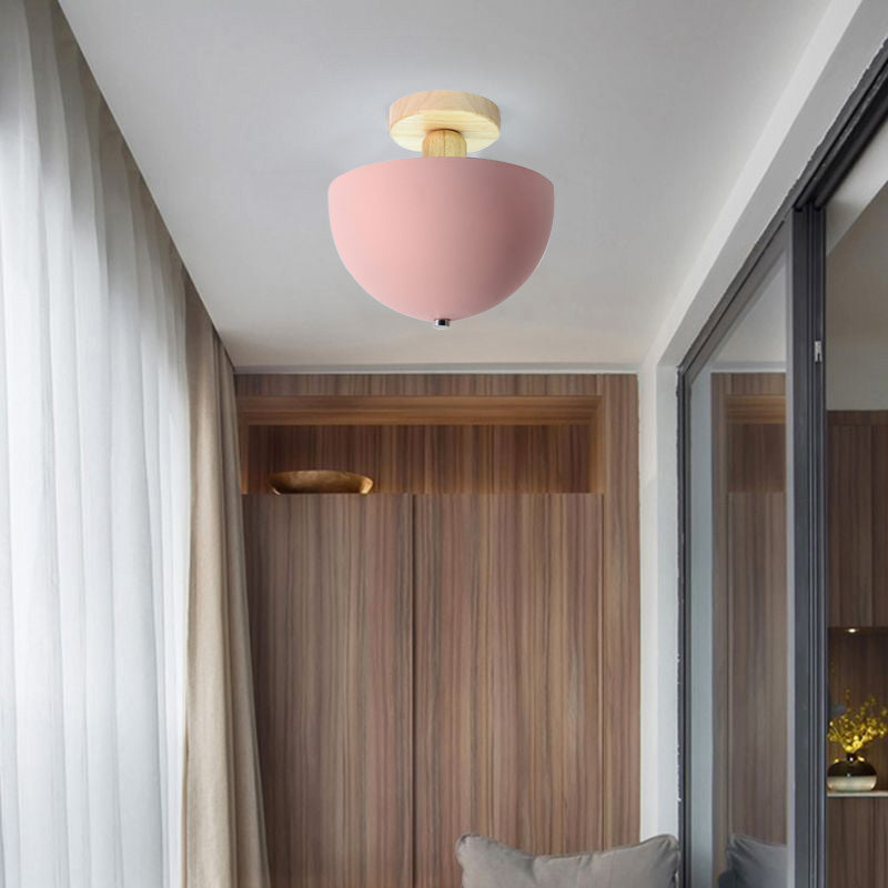 Scandinavian Semi-Flush Ceiling Light with Dome Shade and Wood Detail