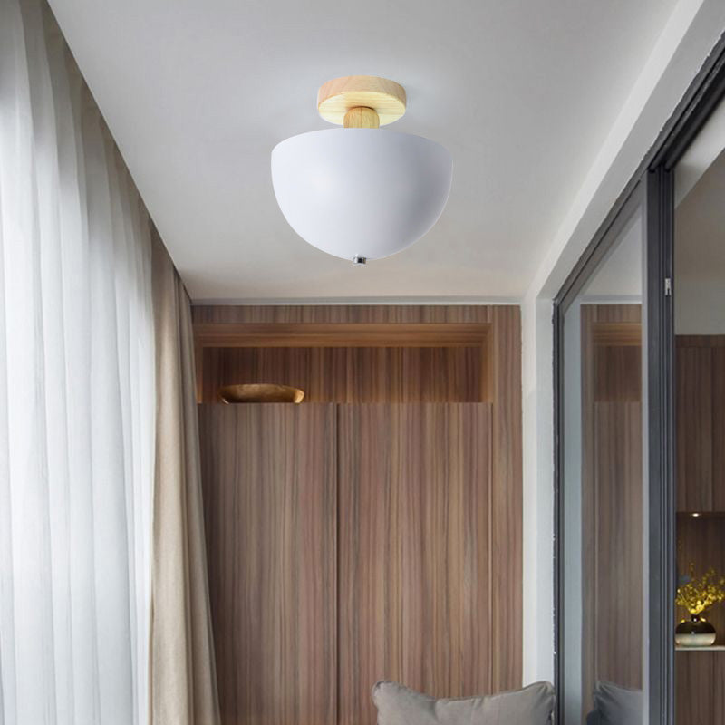 Scandinavian Semi-Flush Ceiling Light with Dome Shade and Wood Detail