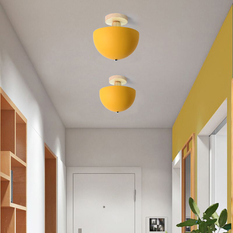 Scandinavian Semi-Flush Ceiling Light with Dome Shade and Wood Detail