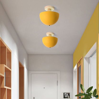Scandinavian Semi-Flush Ceiling Light with Dome Shade and Wood Detail