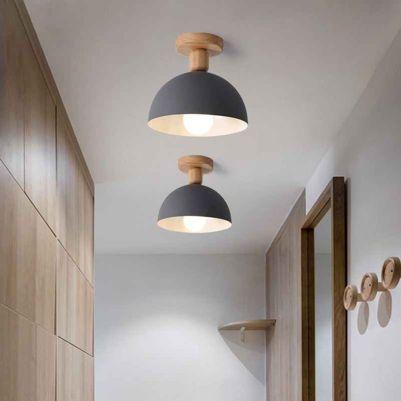 Scandinavian Semi-Flush Ceiling Light with Dome Shade and Wood Detail