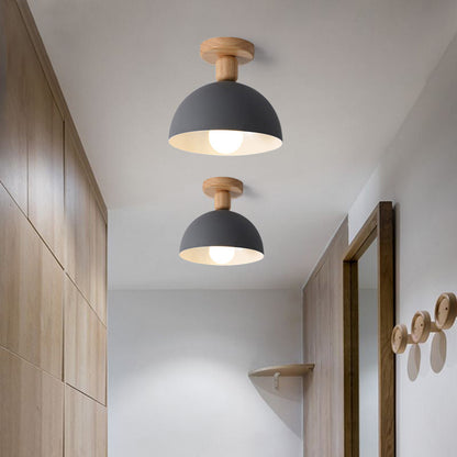 Scandinavian Semi-Flush Ceiling Light with Dome Shade and Wood Detail