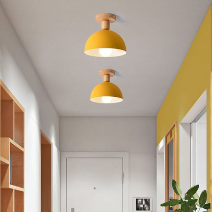 Scandinavian Semi-Flush Ceiling Light with Dome Shade and Wood Detail