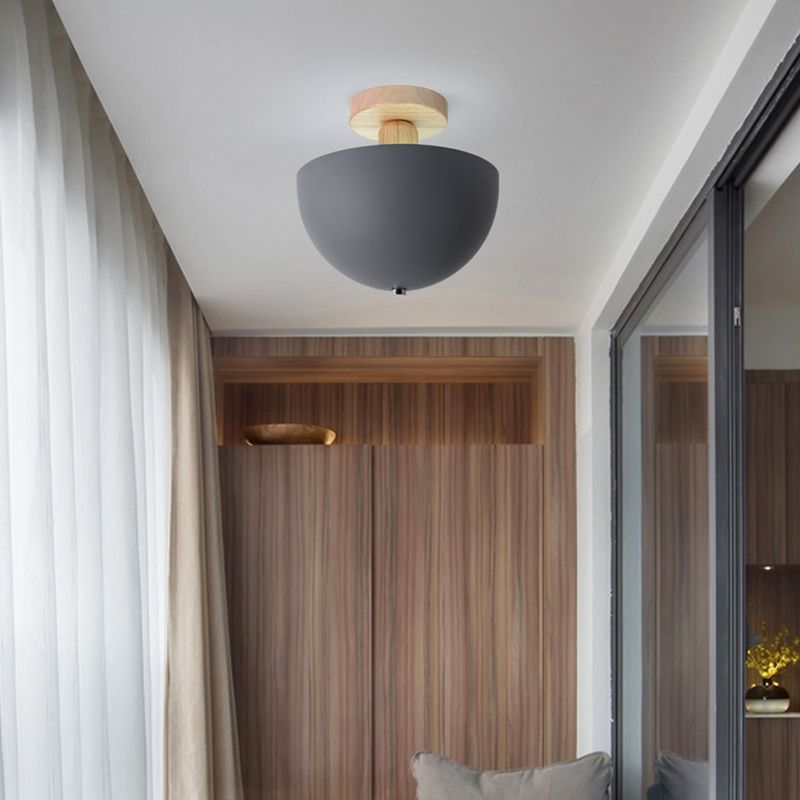 Scandinavian Semi-Flush Ceiling Light with Dome Shade and Wood Detail