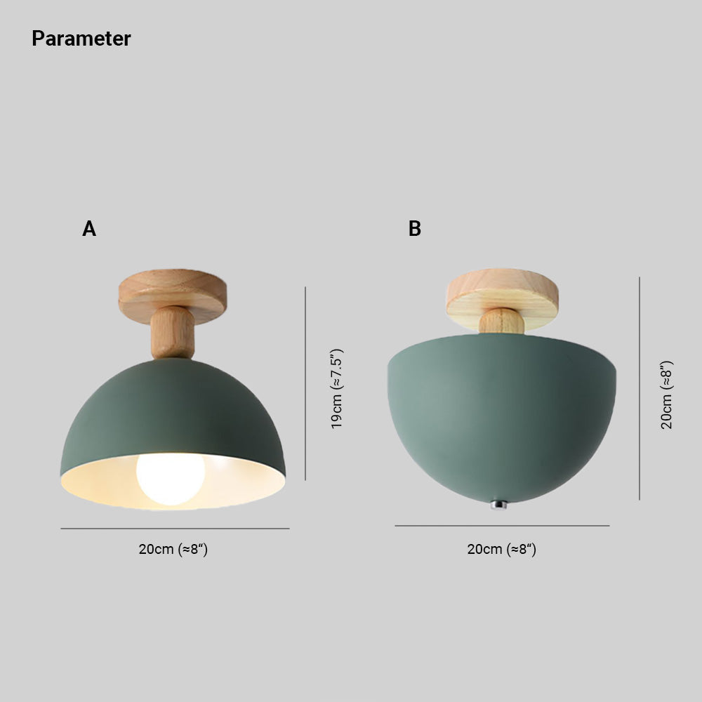 Scandinavian Semi-Flush Ceiling Light with Dome Shade and Wood Detail