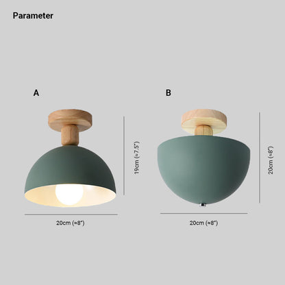 Scandinavian Semi-Flush Ceiling Light with Dome Shade and Wood Detail