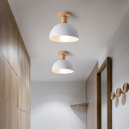 Scandinavian Semi-Flush Ceiling Light with Dome Shade and Wood Detail