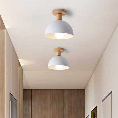 Scandinavian Semi-Flush Ceiling Light with Dome Shade and Wood Detail