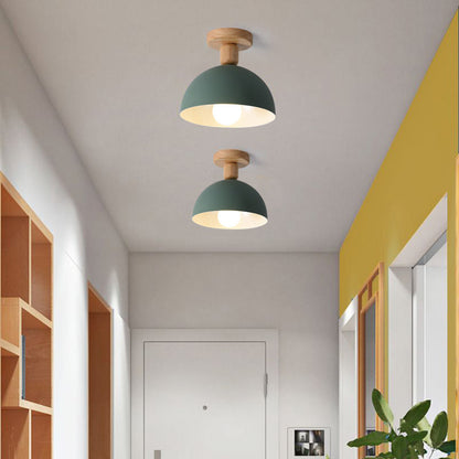 Scandinavian Semi-Flush Ceiling Light with Dome Shade and Wood Detail