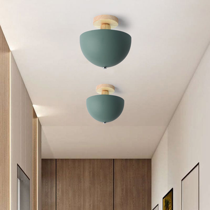 Scandinavian Semi-Flush Ceiling Light with Dome Shade and Wood Detail