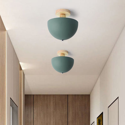 Scandinavian Semi-Flush Ceiling Light with Dome Shade and Wood Detail