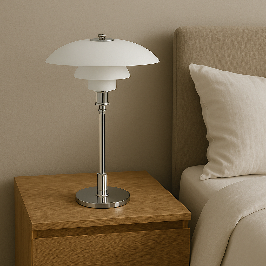 Scandinavian Table Lamp with Triple-Layered Glass Shade and Brass or Chrome Base
