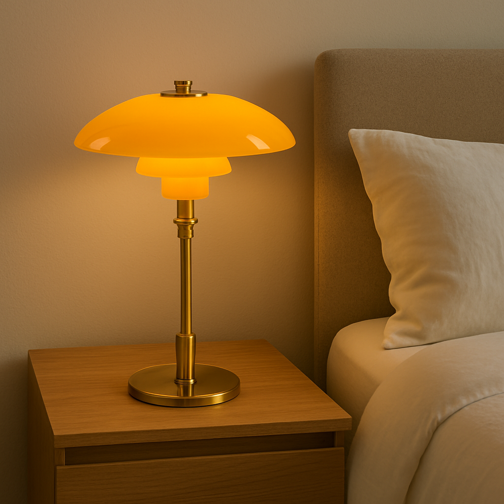 Scandinavian Table Lamp with Triple-Layered Glass Shade and Brass or Chrome Base