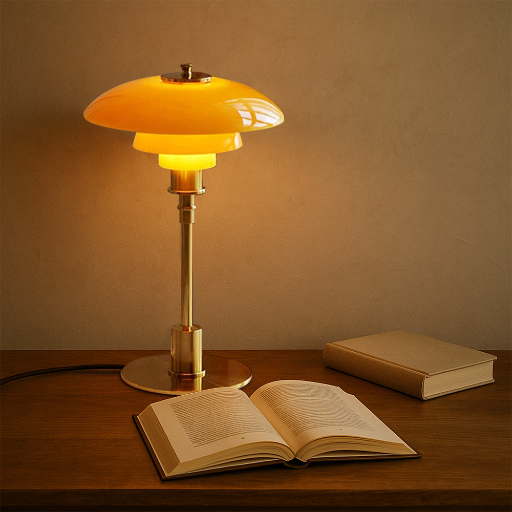 Scandinavian Table Lamp with Triple-Layered Glass Shade and Brass or Chrome Base