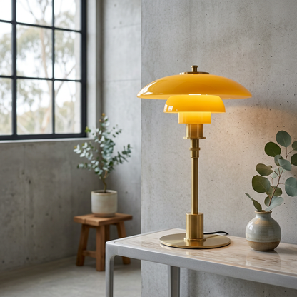 Scandinavian Table Lamp with Triple-Layered Glass Shade and Brass or Chrome Base
