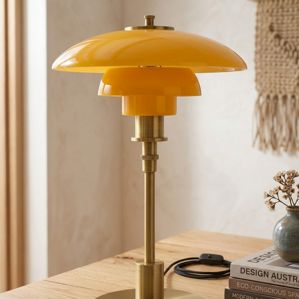Scandinavian Table Lamp with Triple-Layered Glass Shade and Brass or Chrome Base