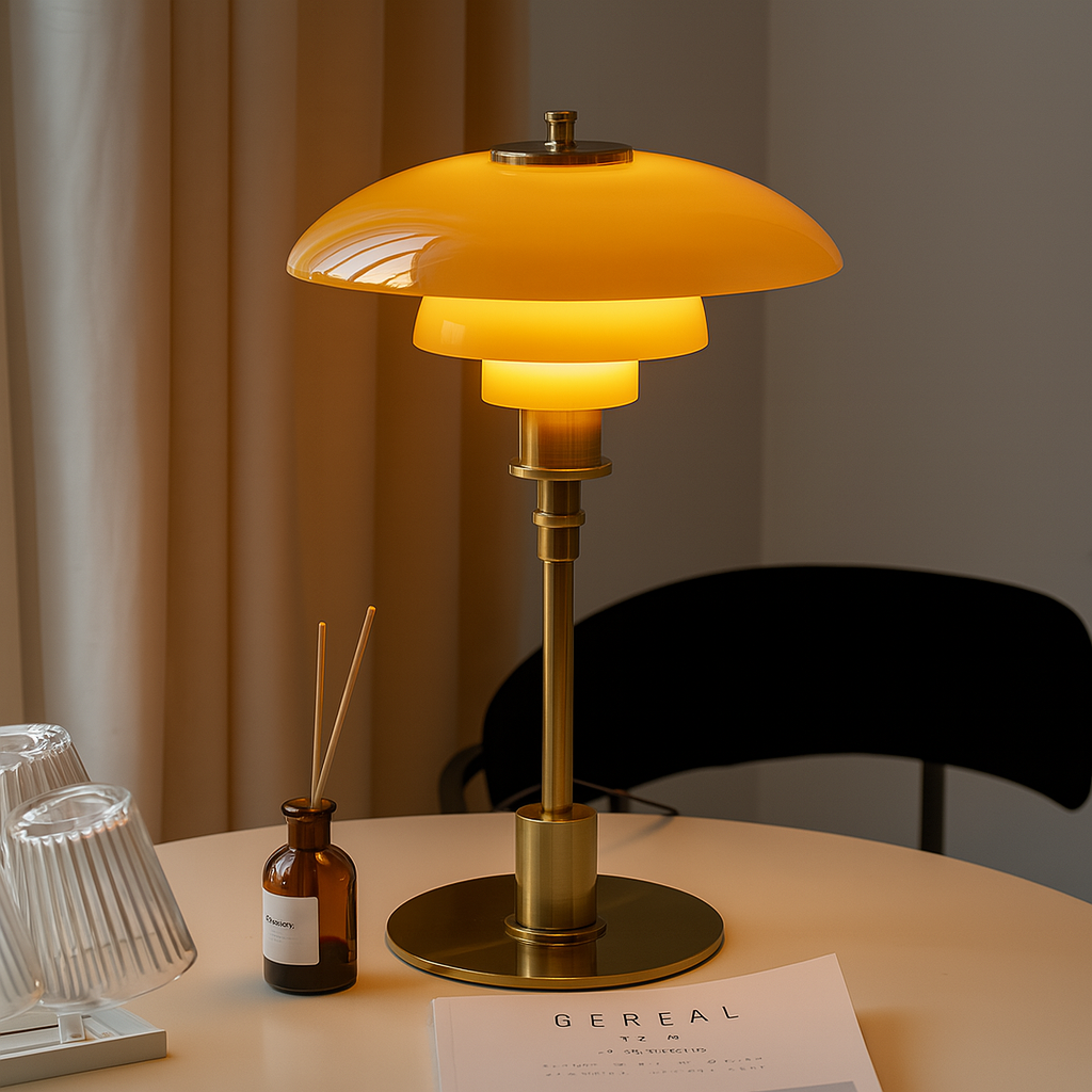 Scandinavian Table Lamp with Triple-Layered Glass Shade and Brass or Chrome Base