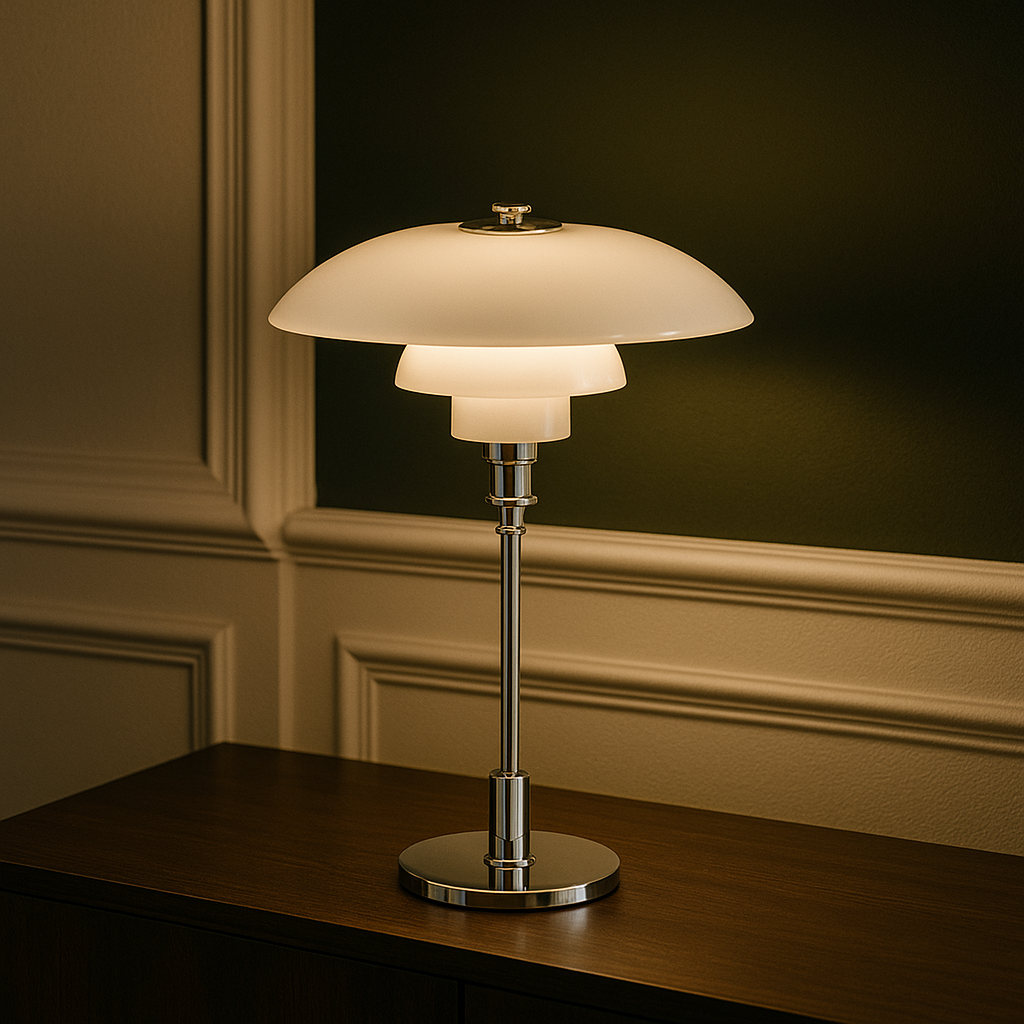 Scandinavian Table Lamp with Triple-Layered Glass Shade and Brass or Chrome Base