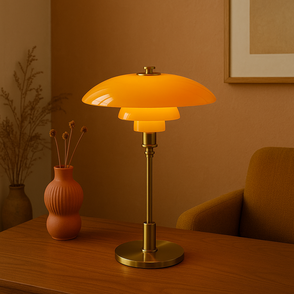 Scandinavian Table Lamp with Triple-Layered Glass Shade and Brass or Chrome Base