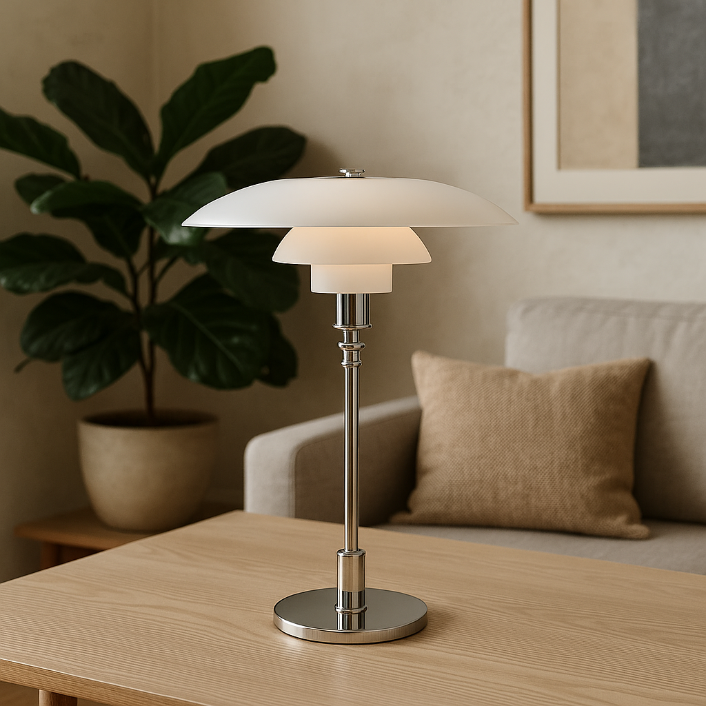 Scandinavian Table Lamp with Triple-Layered Glass Shade and Brass or Chrome Base