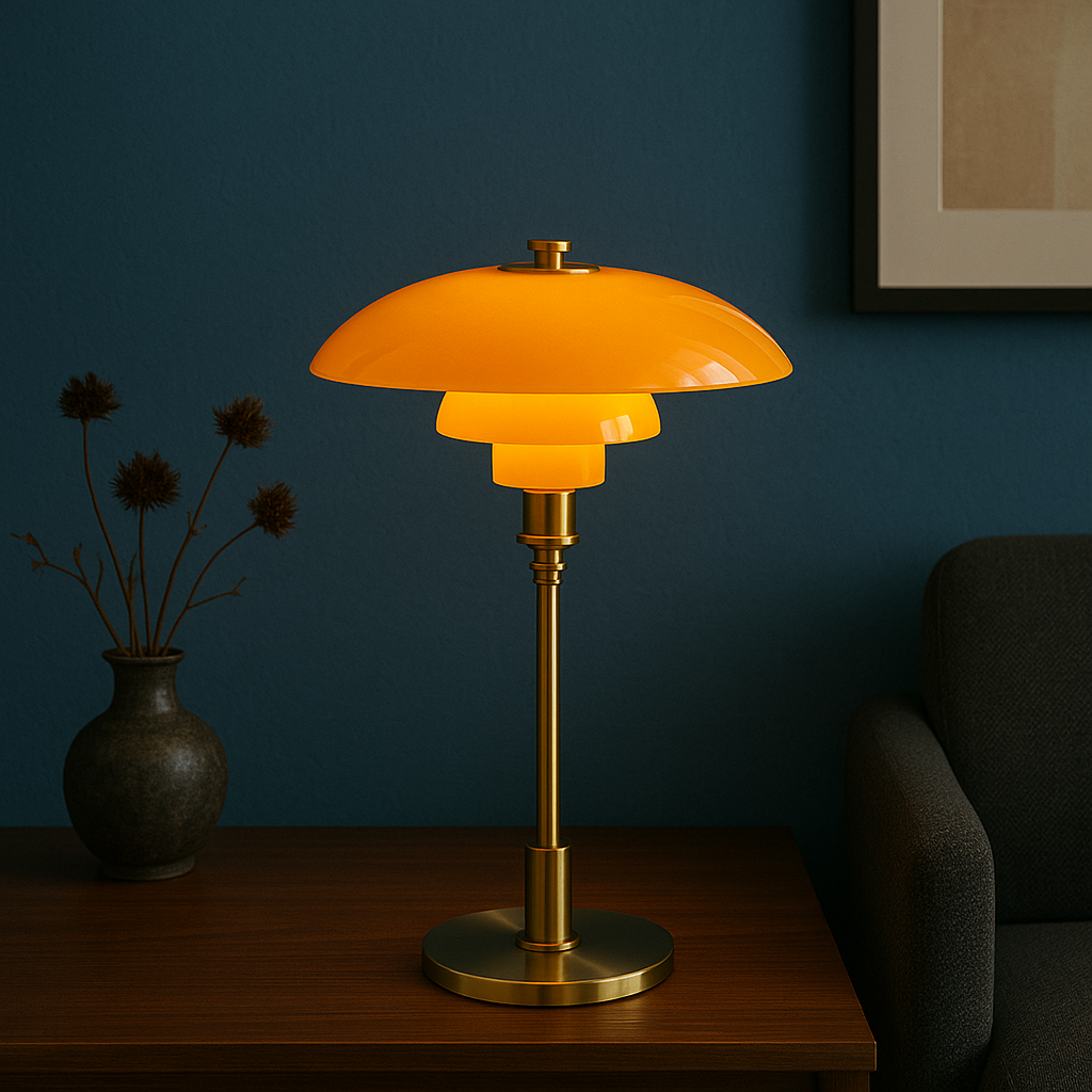 Scandinavian Table Lamp with Triple-Layered Glass Shade and Brass or Chrome Base