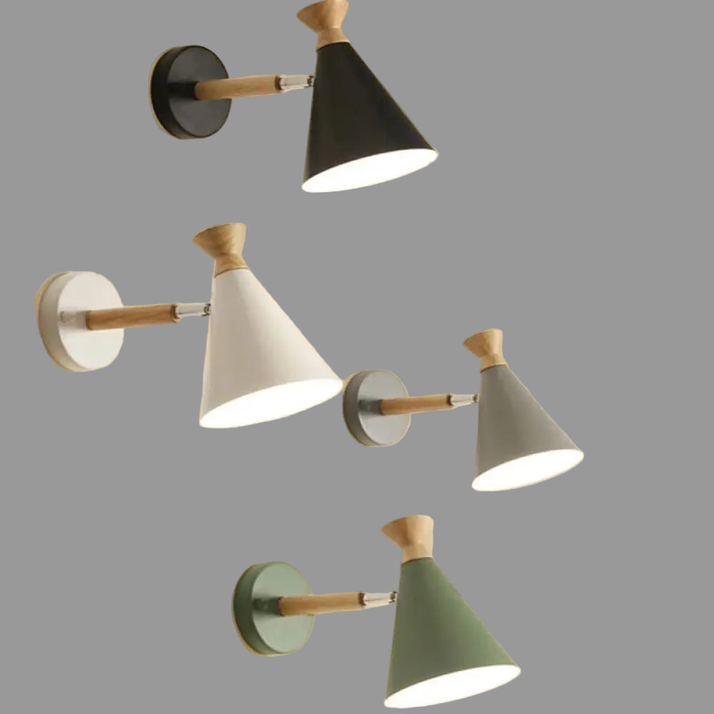 Scandinavian Wall Lamp with Wooden Accent and Cone Shade