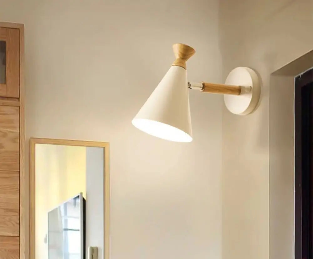 Scandinavian Wall Lamp with Wooden Accent and Cone Shade