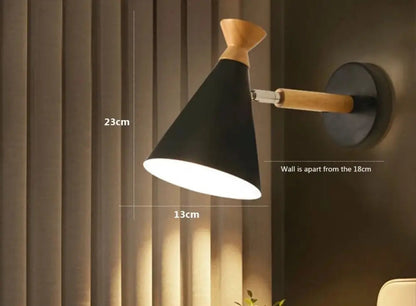 Scandinavian Wall Lamp with Wooden Accent and Cone Shade