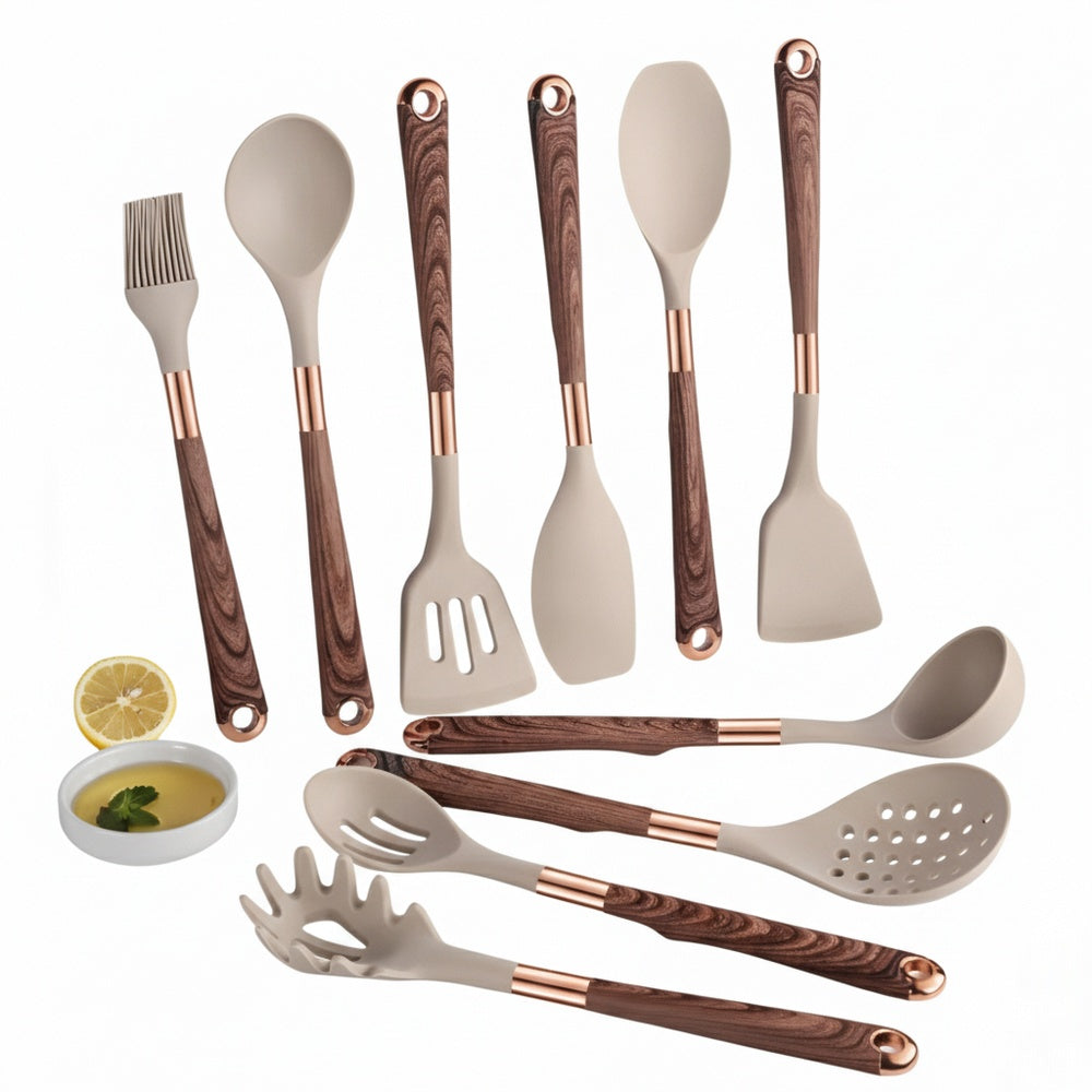 Silicone Kitchen Utensil Set with Wood-Look Handles and Rose Gold Accents